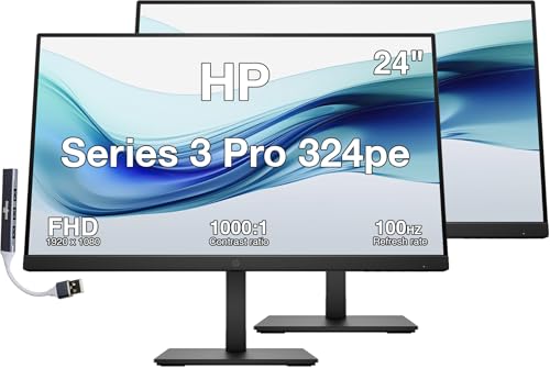 Image of HP Series 3 Pro 324pe 24 inch FHD IPS Monitor with 5ms Response Time, Anti Glare, Flicker Free, Pivot, VESA Mount (100mm), VGA, Displayport, HDMI, & Dockztorm USB Port Expander, Black (B1GM5AA#ABA) 2Pack