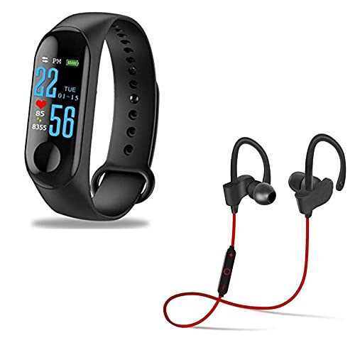 Exxelo Combo Pack of 2 Items - QC10 Sports Bluetooth Headset, Smart Fitness Activity Fitness Tracker Band (1 Year Warranty)