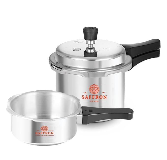 Image of Saffron Aluminium Outer Lid Pressure Cooker - 5 ltr Cooker with 3 Ltr Pressure Pan (Common Lid) (Silver, 5+3 ltr)