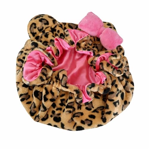 Cute Cat Ear Luxury Leopard Satin Sleep Bonnet for Women-Adjustable strap Soft Plush Esxterior Pink Satin Lining Anti-Frizz Hair Protection for Curly Natural and braided hair
