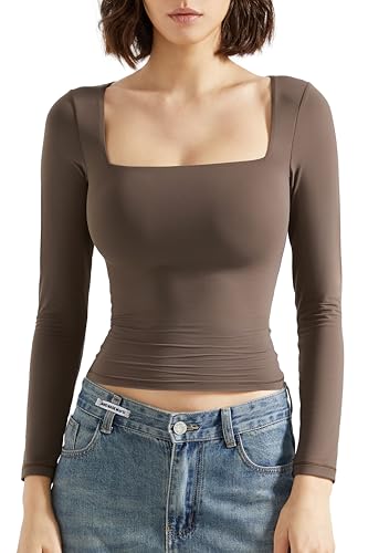 SUUKSESS Women Square Neck Long Sleeve Tops Double Lined Going Out T Shirts