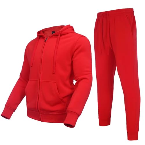 Megub men's tracksuit 2 pieces,Full zip thick fleece hoodies sweatsuit set for men winter outdoor jogger warm outfits Athletic casual sportswear all red size xl
