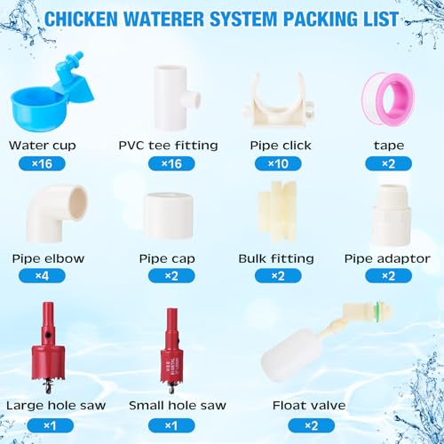 Tiangrid Automatic Chicken Waterer Cups with 1/2\" PVC Tee Fittings and Other Parts Automatic Chicken Waterer System DIY Chicken Water Feeder Poultry Watering Cups for Quail Chicken Duck Goose