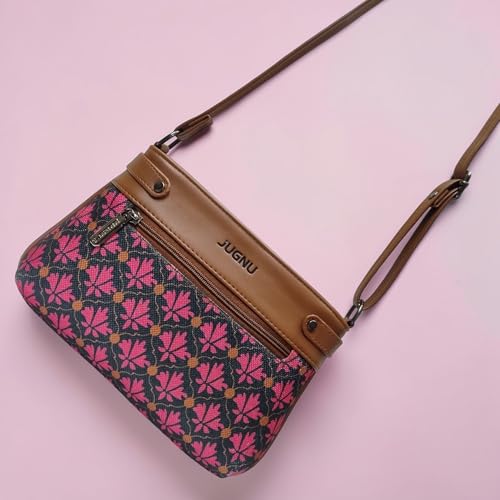 Image of JUGNU Sling Bag for Women, Jute Fabric, Crossbody Style, Slim Design, Multicolour, Medium Size, Lightweight, Adjustable Strap, Zipper Closure, 5 Pockets
