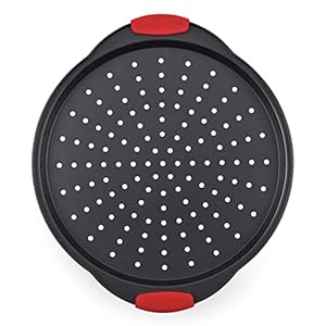 NutriChef Non-Stick Pizza Tray – with Silicone Handle, Round Steel Non-stick Pan with Perforated Holes, Premium Bakeware, Pizza Tray with Silicone and Oversized Handle, Dishwasher Safe – NCBPIZ6