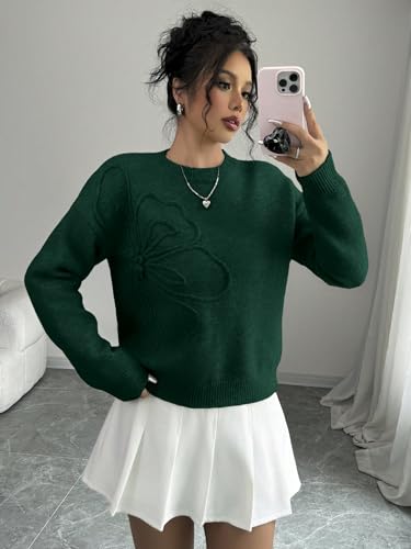 Image of Verdusa Women's Spring 3D Flower Appliques Crewneck Sweaters Long Sleeve Drop Shoulder Pullovers Knit Going Out Tops