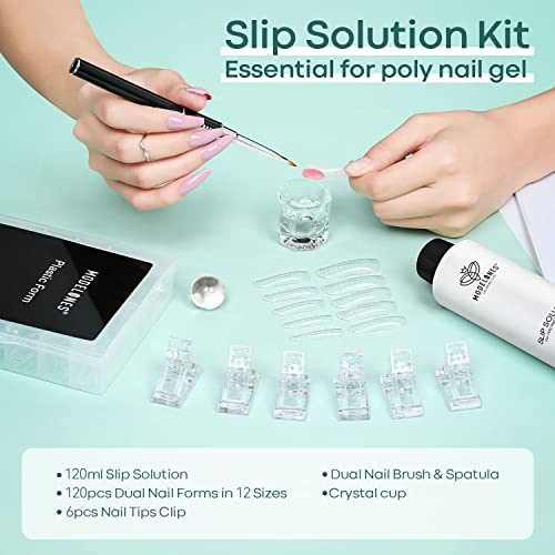 Image of Modelones Slip Solution for Poly Gel, Anti-Stick Gel Nail Extension Complete Kit with Nail Forms Tips Clips Art Tool DIY at Home