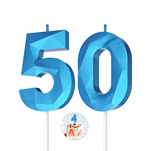 Number Birthday Candles(50 Candle Blue) 3D Diamond Shape Number Happy Birthday Cake Candles for Birthday Party Wedding Decoration Reunions Theme Party