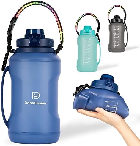 Dahlifasion Collapsible Water Bottles-64 OZ Water Bottle With Straw -BPA Free Large Reusable Drink Container with Handle-Leak-Proof Silicone Large Water Bottle For Travel,Hiking,Camping,Gym (Blue)