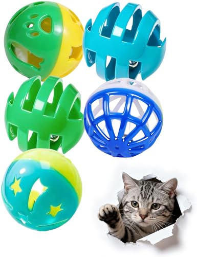 HEUHAI 5 Pcs Cat Toy Bells Balls for Indoor Kitten PP Material Interactive Cat Toys with Bell Assorted Styles for Cats Play and Chew (1.5)