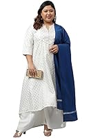 XL LOVE - By Janasya Women's Plus Size Off- White Poly Silk Kurta With Palazzo and Dupatta(PJ0239-KR-NP-5XL)