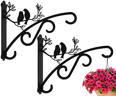 Heavy Duty Hanging Basket Brackets Outdoor Indoor Support Up to 30 lbs, 10 Inch Large Plant Brackets with Wall Mounted Solid Steel Hooks for Lantern/Light/Bird Feeder, 2 Pcs Garden Hangers Black
