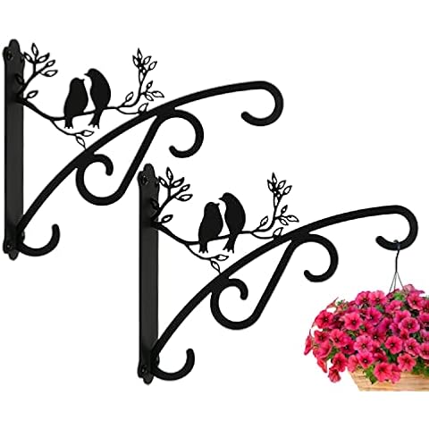 Heavy Duty Hanging Basket Brackets Outdoor Indoor Support Up to 30 lbs, 10 Inch Large Plant Brackets with Wall Mounted Solid Steel Hooks for Lantern/Light/Bird Feeder, 2 Pcs Garden Hangers Black Cover