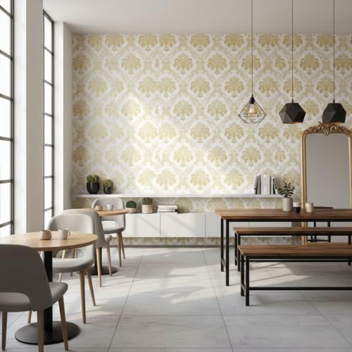 Image of White Golden Luxury Floral Damask Pattern Wallpaper 45x300cm | Self-Adhesive Wall Sticker | Decorative Vinyl Paper for Living Room, Sofa Background & Hallway Decor