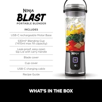 Ninja Blast Portable Blender, 530ml, Leakproof Lid & Sip Spout, Powerful Cordless Mini Blender, Rechargeable, Portable Smoothies, Protein Shakes, Blends Ice & Frozen Fruit, Black, BC151UKBK