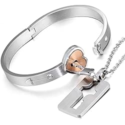 Pulseras Para Parejas Candado Y Llave Flongo Pulsera para Mujer Collar para Mujer Pulsera con Collar para Parejas en Forma de Cerratura y Llave, Pulsera de Corazon Oro Rosa, Plateado