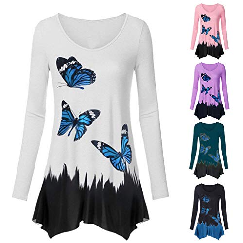 Tunic Tops Deals,Women's Casual Butterfly Print Cotton Blouse Fashion O Neck Long Sleeve T Shirt Loose Pullover US 4-18