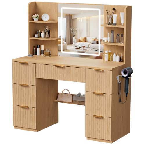 Image of LIVELYGLOW 43 inch Large Natural Wood Makeup Vanity Desk with Charging Station | Fluted Design, Smart LED Mirror, Hairdryer Holder, 7 Drawers
