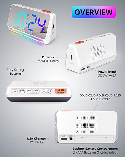 [Mirror] Super Loud Alarm Clock For Bedroom, Heavy Sleepers, Adults | Dynamic Rgb Color Changing Clock For Teens, Kids | Small Bedside Digital Clock With Led Display, Atmosphere Light, Usb Charger #TOP1