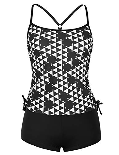Rocorose Women's Two Piece Tankini Geometic Print Swimsuit with Solid Boyleg Bottom Black M 8-10