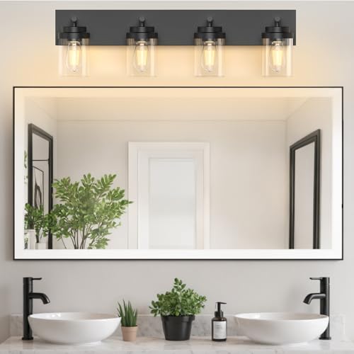 Image of IZORRO Bathroom Vanity Light Fixture, 4-Light 30 Inch Matte Black Bathroom Light Fixtures Over Mirror, with Clear Glass Shade, Modern Farmhouse Vanity Lights, Rustic Restroom Lighting Fixtures