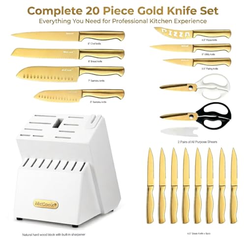 Image of McCook Kitchen Knife Sets, Golden Titanium Stainless Steel Knives Block Set with Built-in Sharpener, 20 Piece Knives, Restaurant Grade Sharp, Elegant Gold & Stylish Wooden Block for Modern Culinary
