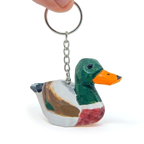 Selsela Mallard Duck Keychain Ring Hook Clip Charm Miniature Wood Mini Figurine Small Animal Drake Green Head