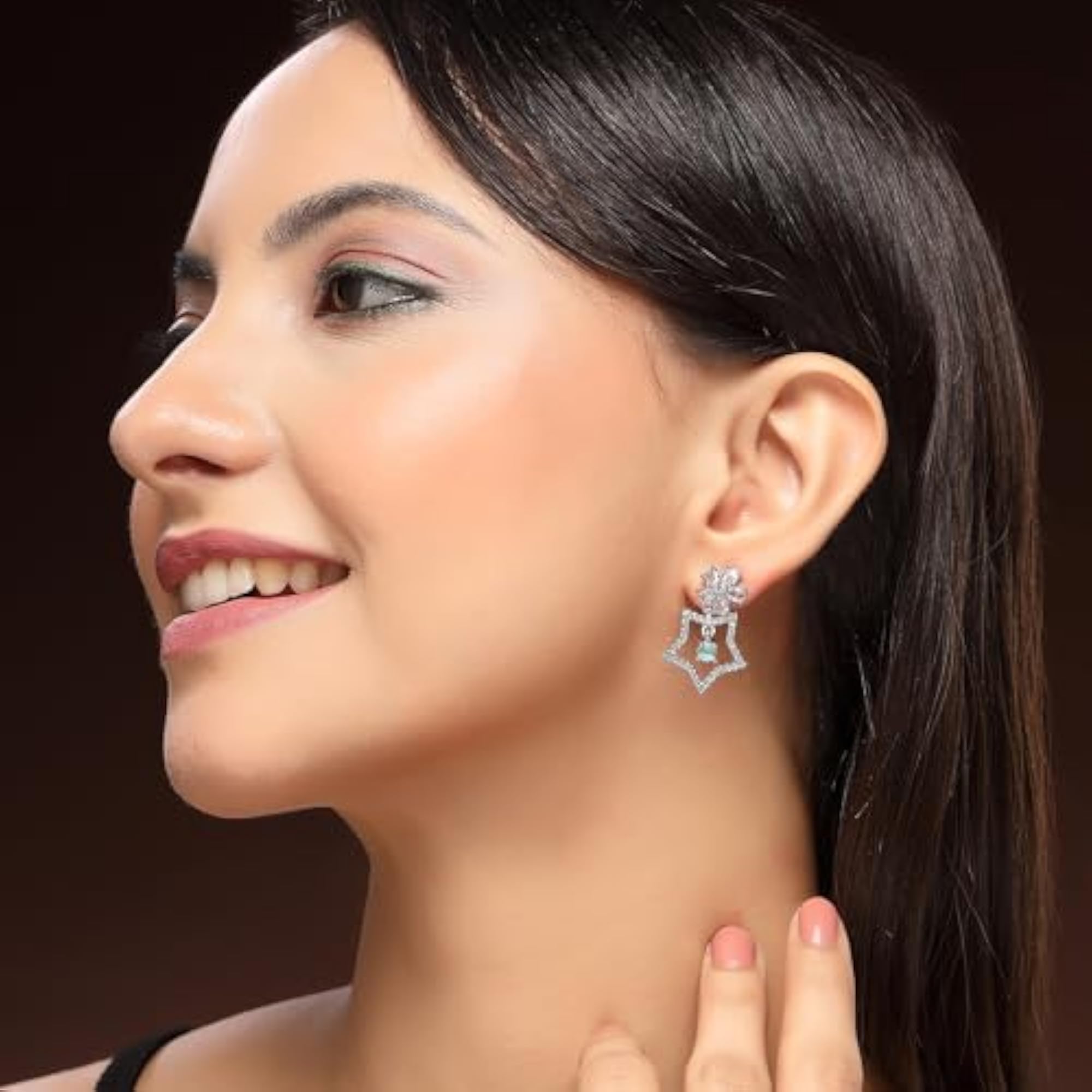 Women's Rhodium Plated Starry Floral American Diamond Drop Earrings