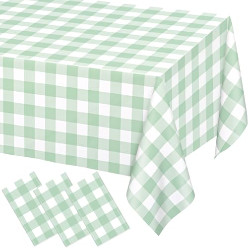 Image of WNINK 3 Pack Sage Green Checkered Rectangular Plastic Tablecloths, Green Gingham Waterproof Disposable Table Covers 54 inch x 108 inch for Birthday, Baby Shower, Wedding, Outdoor Picnic Parties