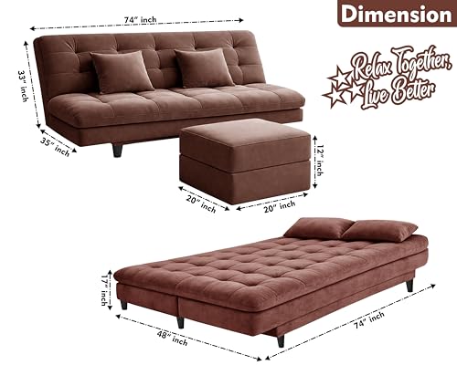 Image of Rosebell Modern Three-Seater Sofa Cum Bed - Foldable Velevt Fabric Sofa, Foam Seating, Stylish Design for Living Room, Guest Room & Office-Brown