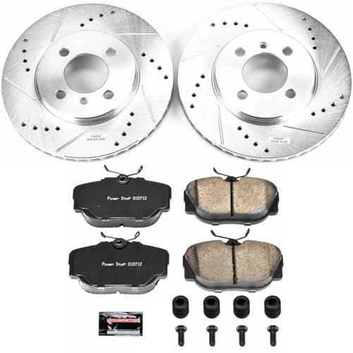 Image of PowerStop Front Brake Kit for BMW 318i 1991-92 |318is 1991-92 |325 1986-88 |325e 1984-87 |325es 1986-87 - Drilled and Slotted Disc Rotors with Carbon-Fiber Ceramic Brake Pads Replacement, K3008