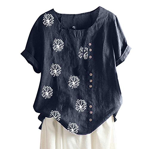 Ceboyel Women Summer Cotton Linen Shirts Dandelion Print Blouses Short Sleeve Casual Tops Boho Loose Fit Ladies Clothing