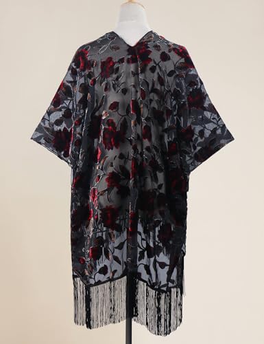 Image of MJ SERECA Women's Burnout Velvet Kimono Cardigan Cover Up with Tassel
