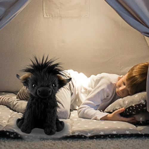 JazRvr Hochlandrind Kuscheltier, Schottisches Highland Cow Plüschtier, Kuscheltier Kuh Für Kinder, 28 cm Schwarzes Kuscheltier, Stressabbau