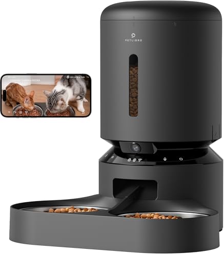PETLIBRO 5G y 2.4G WiFi Comedero Gato Automatico con Cámara, 5L Doble Cuencos 1080P HD Dispensador Comida Gatos/Perros, App Control, Baterías y Cableado Eléctrico, Cuenco de Acero Inoxidable, Negro