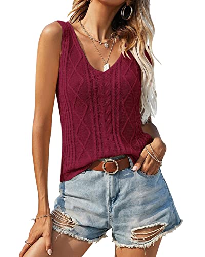 Image of Soulomelody Womens Summer V Neck Tops Knitted Sleeveless Tank Top Cable Knit Sweater Vest Casual Solid Tee Shirts