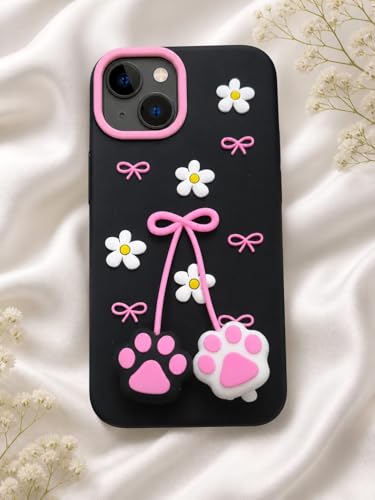 Image of for iPhone 15 Soft Silicone Phone case Features 3D Cartoon Flower and cat paw Claw Designe | Full Camara Protection | Super Soft-Touch |Shock Proof Back Cover for iPhone 15 (Black)