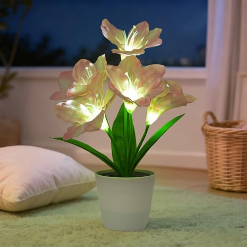 Image of Artificial Pink Lily Flower Lamp, LED Light for Bedroom Bar Coffee Shop Wedding Decor, Gifts for Women Mom Daughter Grandma Girlfriend Coworker Friend Birthday Christmas Valentines Mothers Day