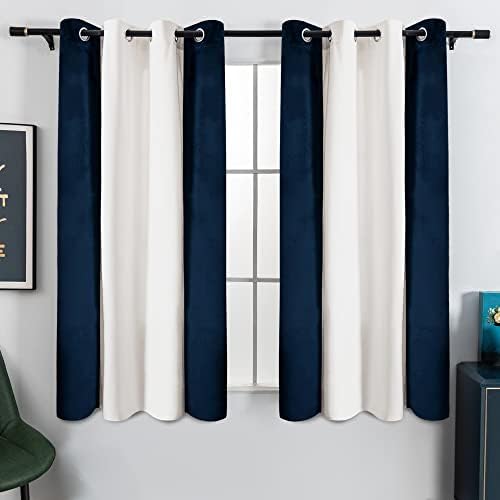 Victree Color Block Velvet Curtains for Bedroom, Patchwork Blackout Curtains 52 x 63 inch Length - Room Darkening Sun Light Blocking Grommet Window Drapes for Living Room, 2 Panels, Navy and White