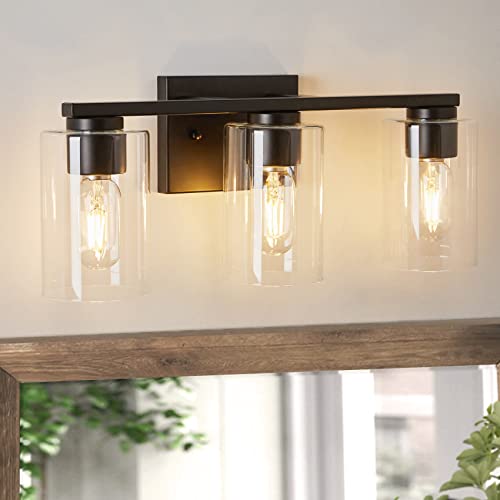Image of WILON Vanity Light Bathroom, 3 Light Black Light Fixtures, Modern Vanity Light with Clear Glass Shade, E26 Base Lights Over Mirror, Vanity Lights for Bathroom Kitchen