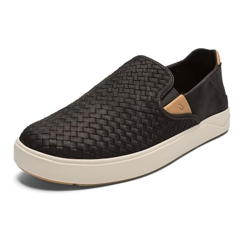 OLUKAI Laeahi Lauhala Mens Woven Leather Shoes, Versatile Everyday Leather Sneakers, Easy Slip On Design, All-Day Wear & Comfort, Dark Java-Dark Java, 12