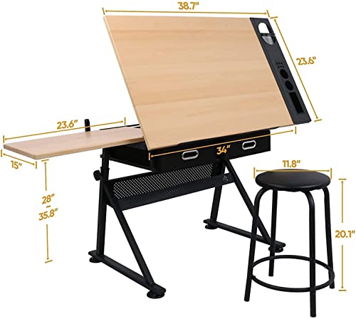BBBuy-Drafting-Table-Desk-ArtCraft-Work-Station-Drawing-Desk-Height-Adjustable-Tilting-Tabletop-Craft-Table-wStool-and-2-Storage-Drawers-for-Home-Office-School-Study-Room