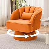 LIZHOUMIL Modern 360° Swivel Barrel Accent Chair, Velvet Upholstered Armchair with Striped Backrest & Plush Cushion, Comfy Round Lounge Chair for Living Room Bedroom, Orange
