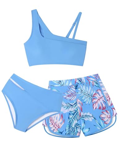 Crazyme Girls Swimsuit 3 Piece Adjustable Strap Cutout Girls' Swimwear with Shorts Girls Bathing Suit Summer 7-16 Years