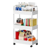 MEETOZ 3-Tier Storage Trolley on Wheels, Space-Saving Mobile Shelving Organizer, Storage Trolley Cart for Kitchen Bathroom Bedroom Office, White