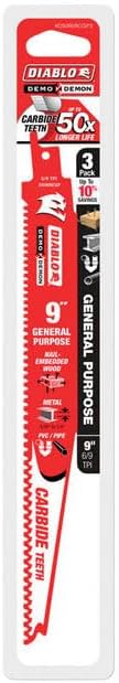 Diablo Demo Demon Carbide Teeth Reciprocating Saw Blades, 9 Length, 3-Pack | 6/9 TPI, Ideal for General Purpose Cuts, Variable Tooth Design - DS0909CGP3
