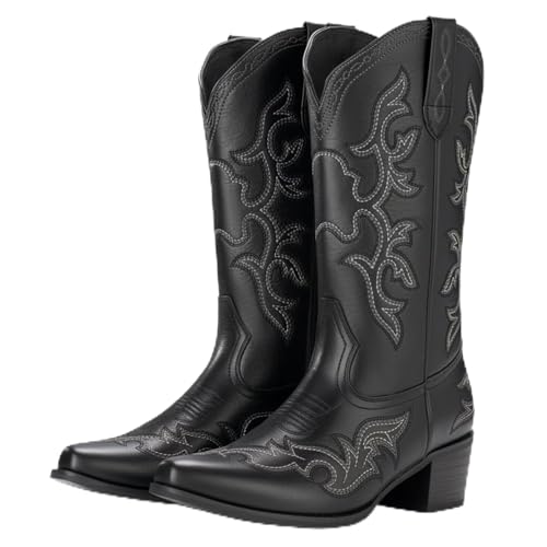 IUV Cowboy Boots For Women Western Boots Cowgirl Classic Fashion Embroidered Pointy Toe Boots