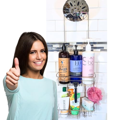 Gecko-Loc Extra-Long Adjustable Over-the-Showerhead Shower Caddy – Rustproof Stainless Steel Organizer with Suction Stabilizer, Deep Basket & Hooks – No-Drill, Tool-Free Installation (Silver)