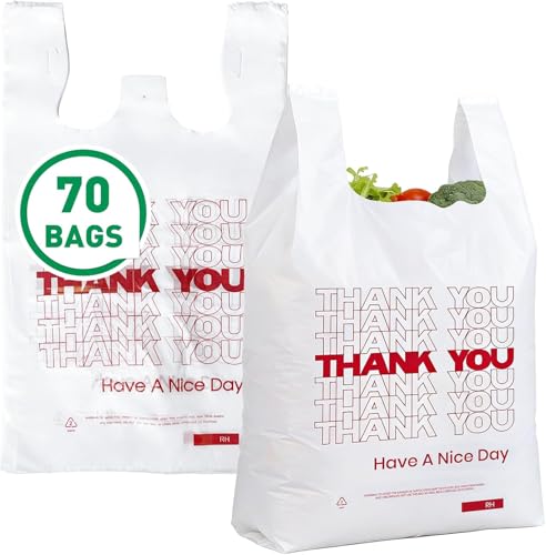 Soeos 70 Count Thank You Plastic Bags (11.5" x 6.5" x 21") Reusable White Shopping Bag with Handles for Grocery, Convenience Store, Restaurant, Supermarket, To Go & Takeout (Made in US)