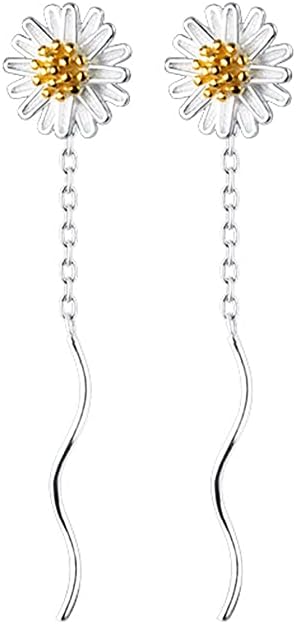 SLUYNZ 925 Sterling Silver Flower Earrings Drop for Women Girls Daisy Earrings Helix Earrings Chain Cute Threader Wave Earrings Mother's Day Gift